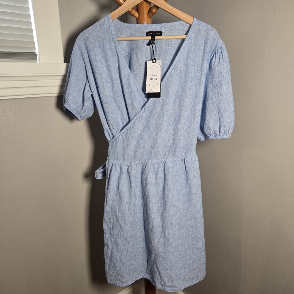 Silver Jeans BNWT Large Adorable Light Blue Linen Blend Wrap Mini Dress Denim